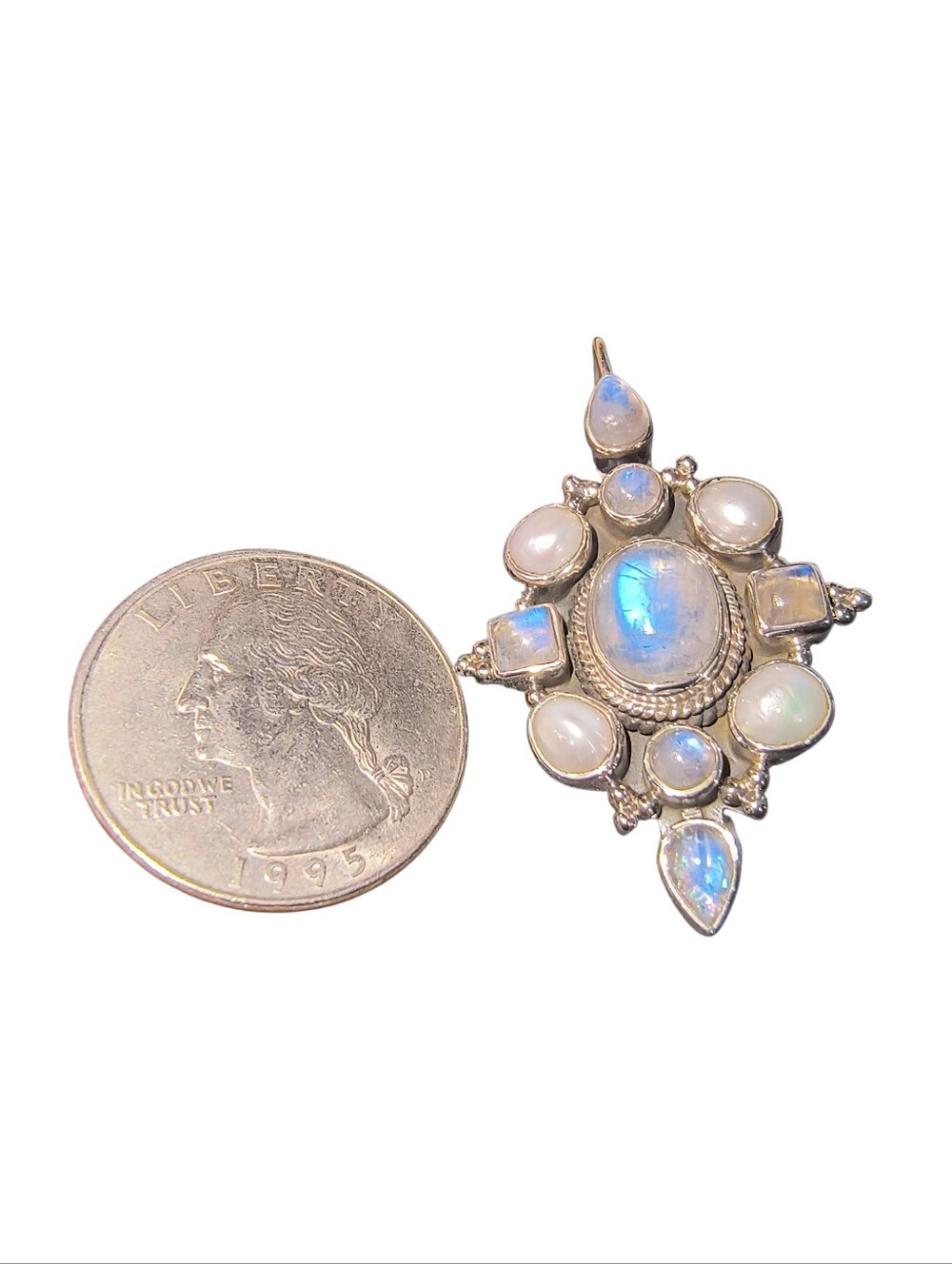Rainbow Moonstone And White Pearl Large Cluster Drop Earrings Brand New - Picture 4 of 9